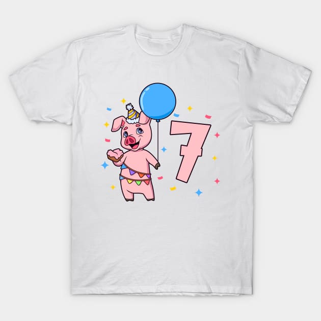 I am 7 with pig - kids birthday 7 years old T-Shirt by Modern Medieval Design